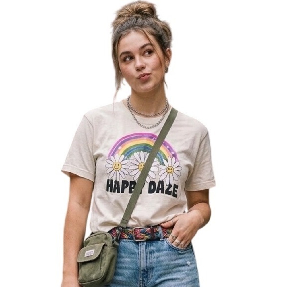BP Nordstrom Happy Daze Rainbow Daisy Graphic‎ T-Shirt Cream Small NEW